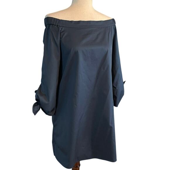 Tibi Off Shoulder Long Tie Sleeve 100% Cotton Shift Dress Navy Size 2 - Picture 5 of 9